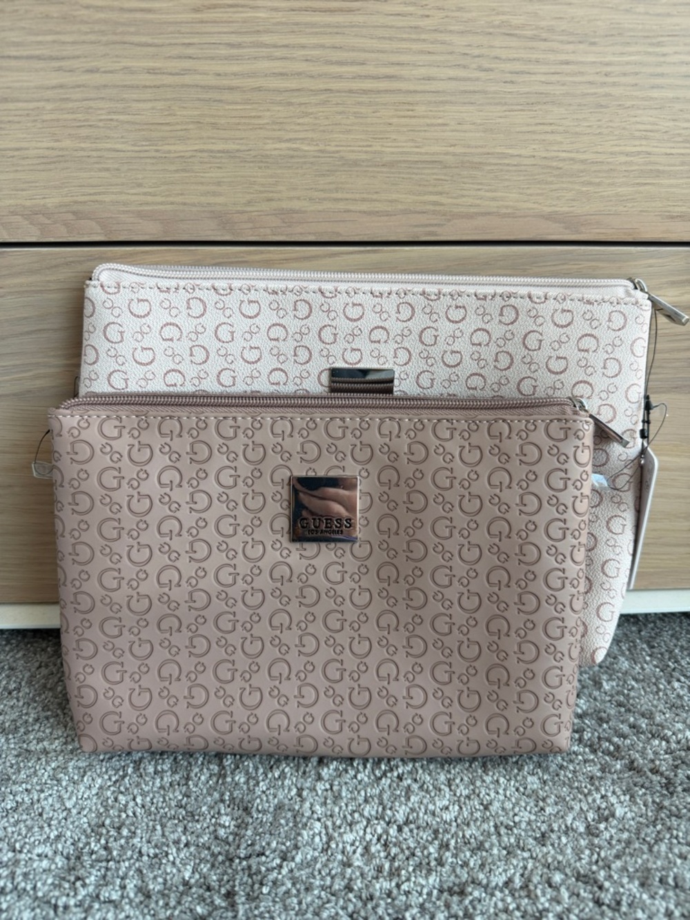 GUESS Two-Piece Signature Zip Pouch Set in Blush and Light Pink